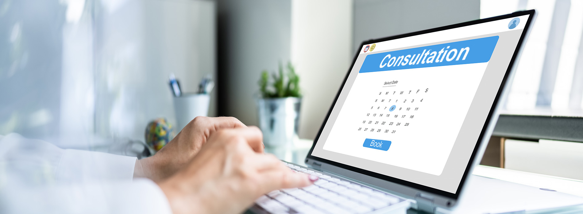 The image shows a person s hands typing on a laptop screen displaying a calendar with the word  consultation  visible, indicating an appointment or scheduling system.